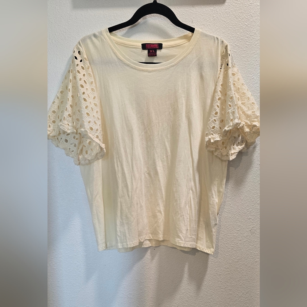Rock And Roll Denim Cream Eyelet Sleeve Top